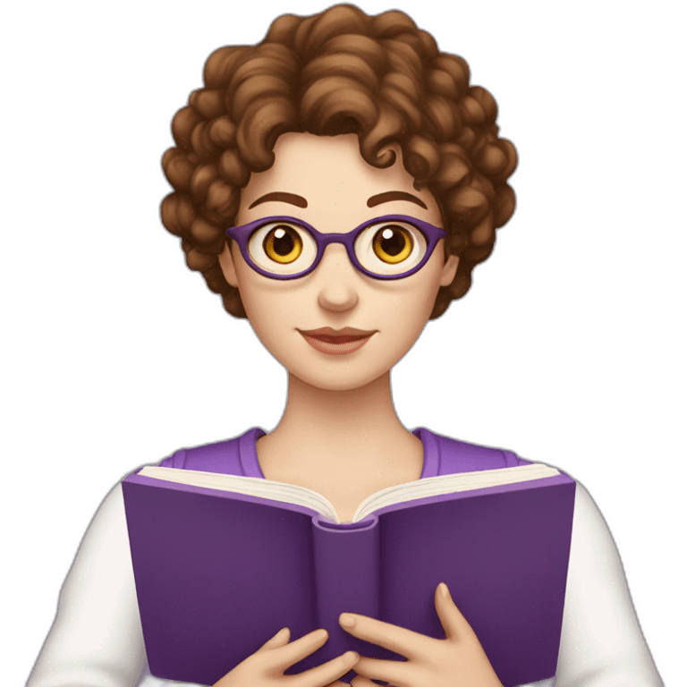 white girl without glasses and really short brown curly hair reading a purple book emoji