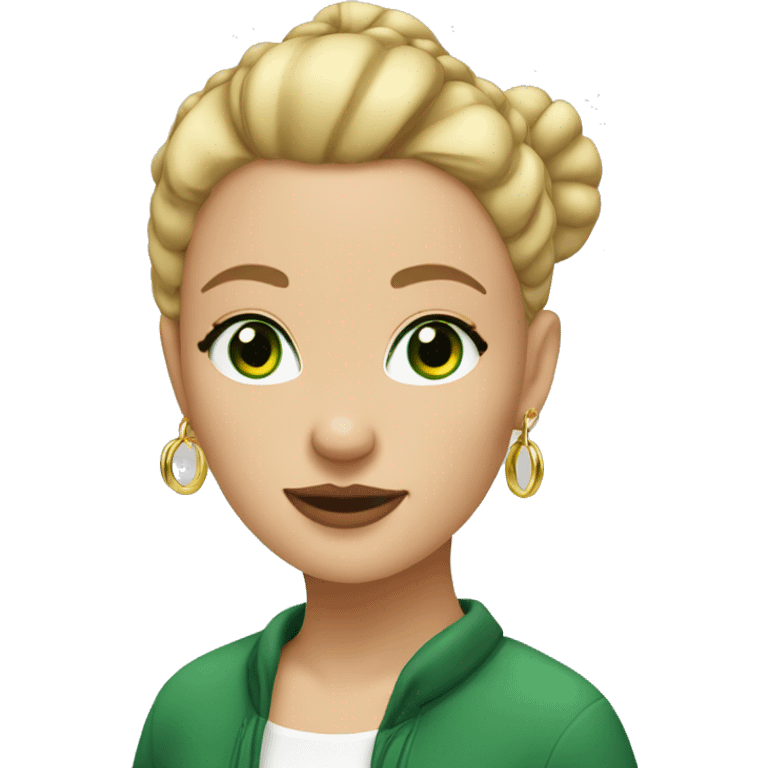 blonde girl with a bun on the top of her head, GREEN eyes, and gold hoop earrings emoji