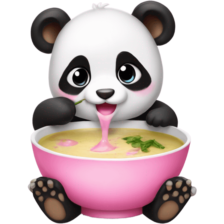 Baby panda with pink bow eating big bowl of soup emoji