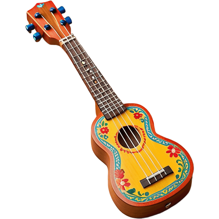 Create a vibrant and artistic emoji representing a ukulele with a Mexican design. The ukulele should feature a bright, colorful body with traditional Mexican patterns, such as geometric shapes, floral motifs, or colorful stripes. Use rich, warm tones like red, yellow, green, and blue to give the instrument a lively, festive look. Highlight the wood grain of the ukulele’s neck and fingerboard, and add subtle details like decorative inlays or a small Mexican flag symbol on the body. The strings should be clearly visible, and the instrument should be in a slightly angled position to showcase its unique design. The background should be transparent. emoji