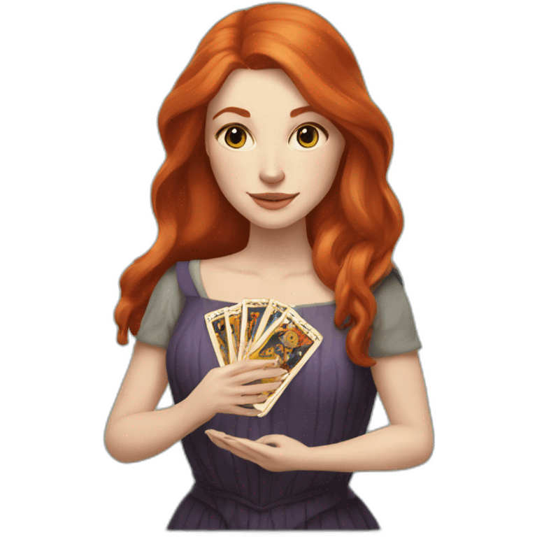 redhead white woman medium long straight hair, holding a tarot card in her hand emoji