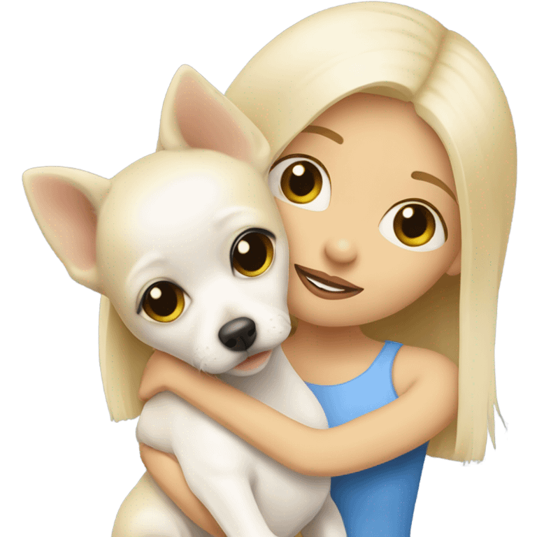 A blonde girl hugging a white chihuahua  emoji