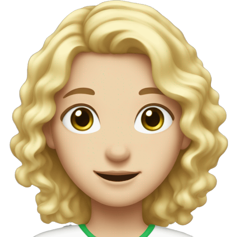 Girl, blond wavy hair with , green eyes, white skin and a sweet smile emoji