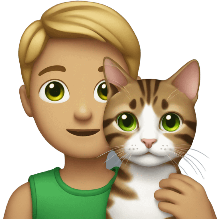 Boy holding a brown tabby cat with green eyes  emoji