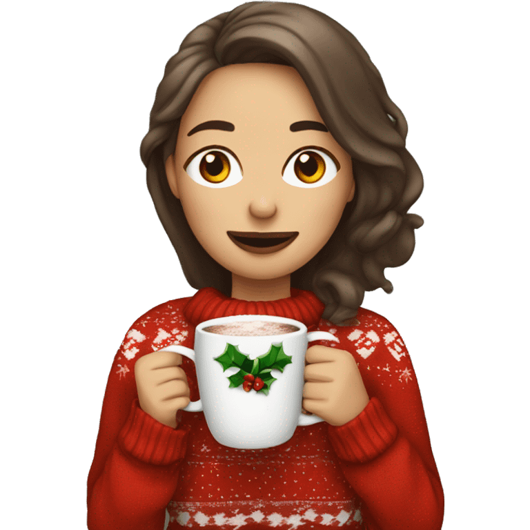 Woman drinking hot cocoa wearing a xmas sweater emoji