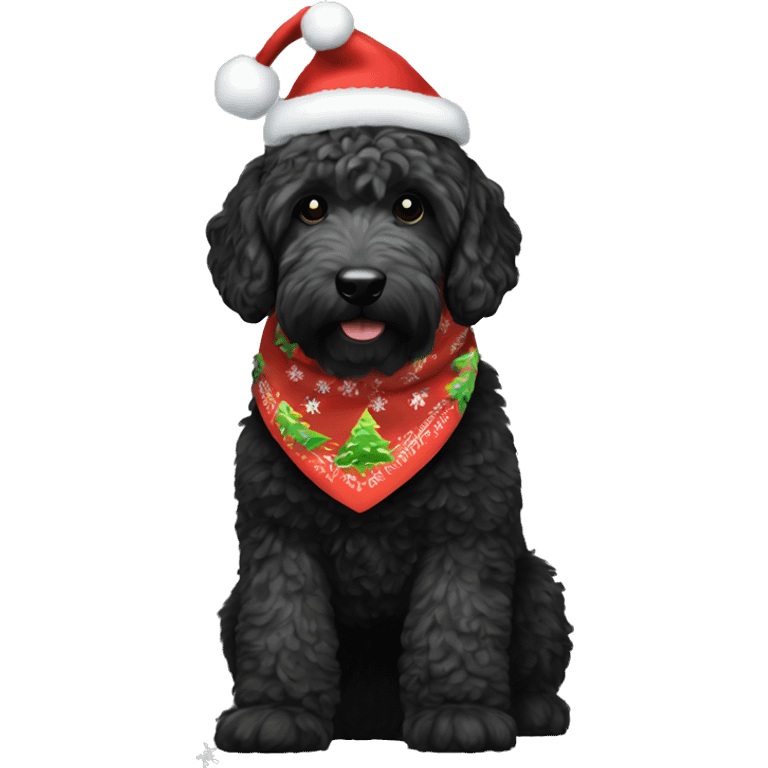 Black golden doodle wearing a Christmas bandana emoji