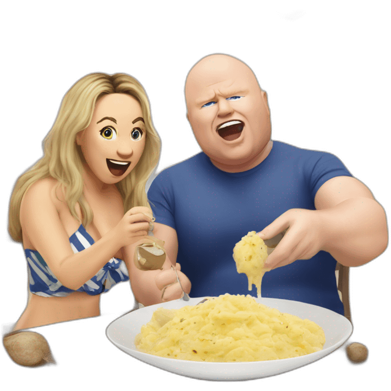 Victoria coren-mitchell and Phil Mitchell eating mashed potatoes on the beach emoji