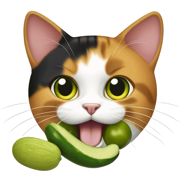 Calico cat holding a pickle in its mouth emoji