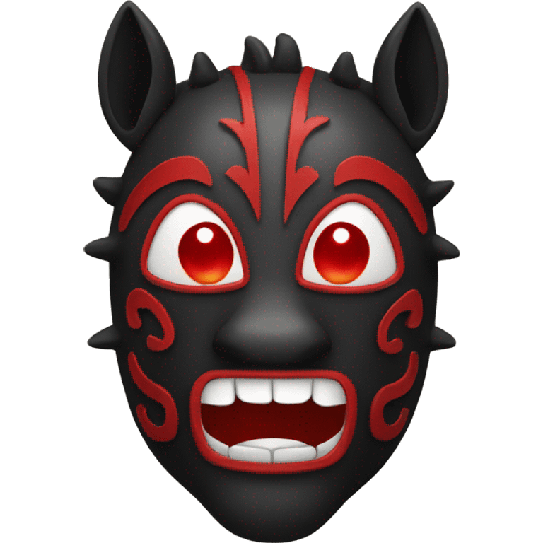 Black tribal mask of a smiling horse with red eyes in front emoji