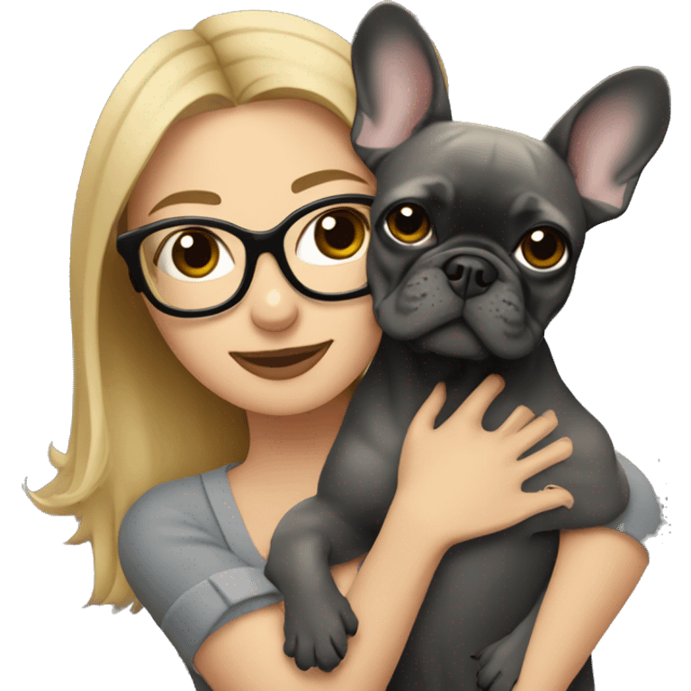 dark blonde woman with glasses hugging dark gray french bulldog emoji