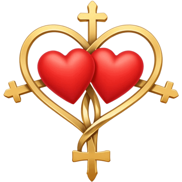 Two red  heart outlines  entwined with a simple gold cross  emoji