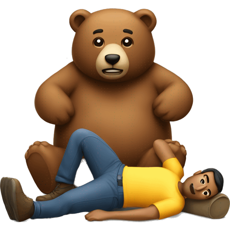 A man lying flat on the ground with a bear sitting on top of him emoji