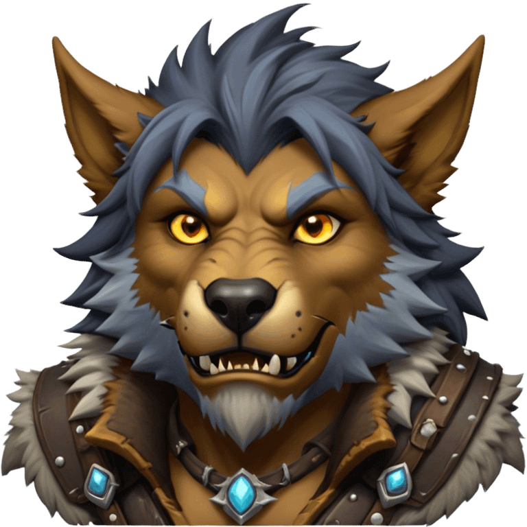 Cinematic Realistic WoW Worgen Portrait, head tilted epicly and inquisitively, showcasing the striking fusion of human intellect and beastly ferocity. His rugged fur and tanned skin, accented by piercing amber eyes and meticulously rendered worn leather garments, are bathed in dynamic lighting, high shine, epic and awe-inspiring, capturing the relentless spirit of a worgen at the apex of his power. emoji