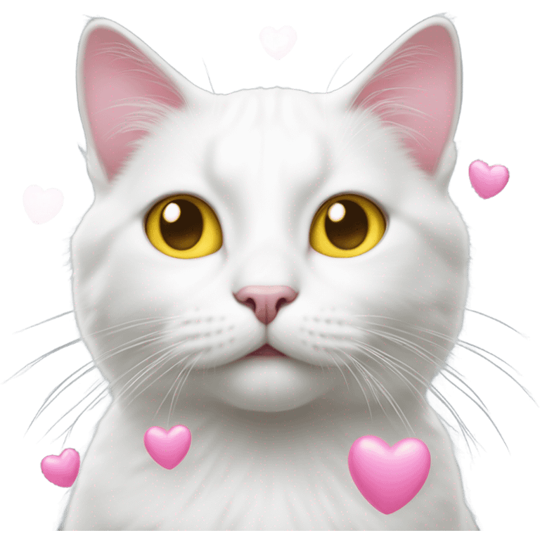 Realistic White cat with yellow eyes, pink hearts over head  emoji