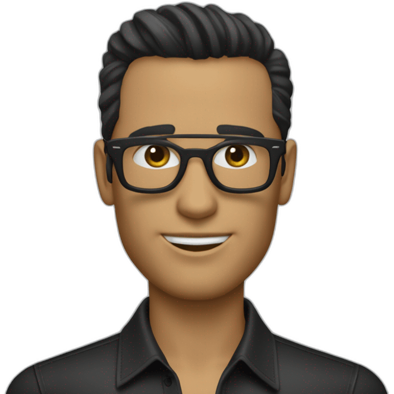 Creame un emoji de un hombre con el pelo negro y gafas, que tenga una camisa cuello redondo con unas letras que digan HUGO BOSS emoji