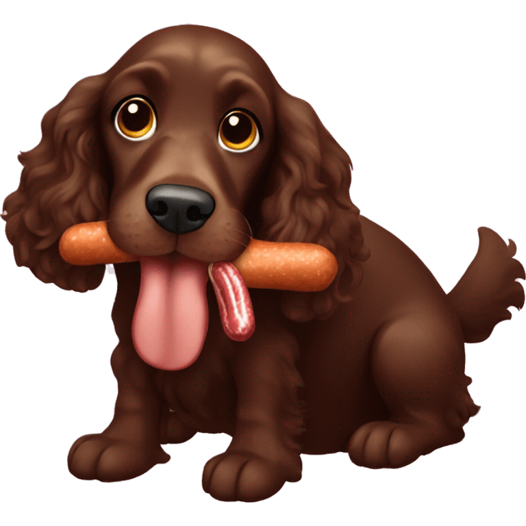 Dark brown cocker spaniel eating a sausage emoji