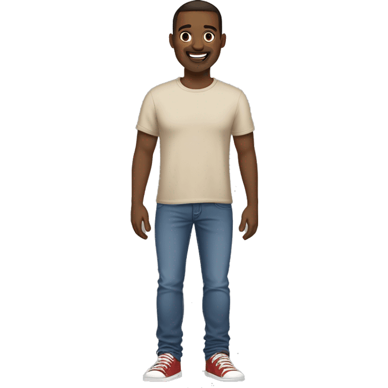 A full-length guy with a European skin type, with blue eyes and dark brown hair, short hair, dressed in an oversized beige T-shirt, with a smile on his face and dark jeans on his feet, red sneakers emoji