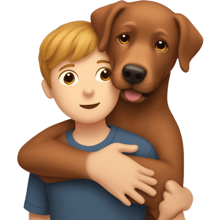 Red Labrador giving brown haired boy a hug emoji