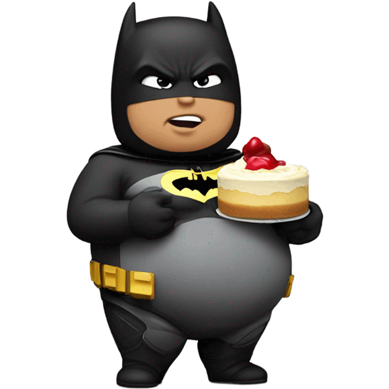 Obese man wearing Batman suit and holding baby while eating a Philly cheesecake emoji