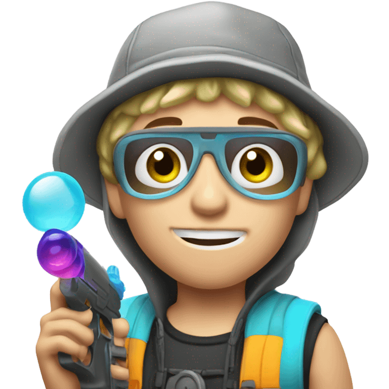 Caucasian boy in rave gear with mask and hat and shooting a bubble gun emoji