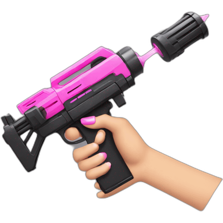 light brown hand with pink nails holding large scary dark nerf gun emoji