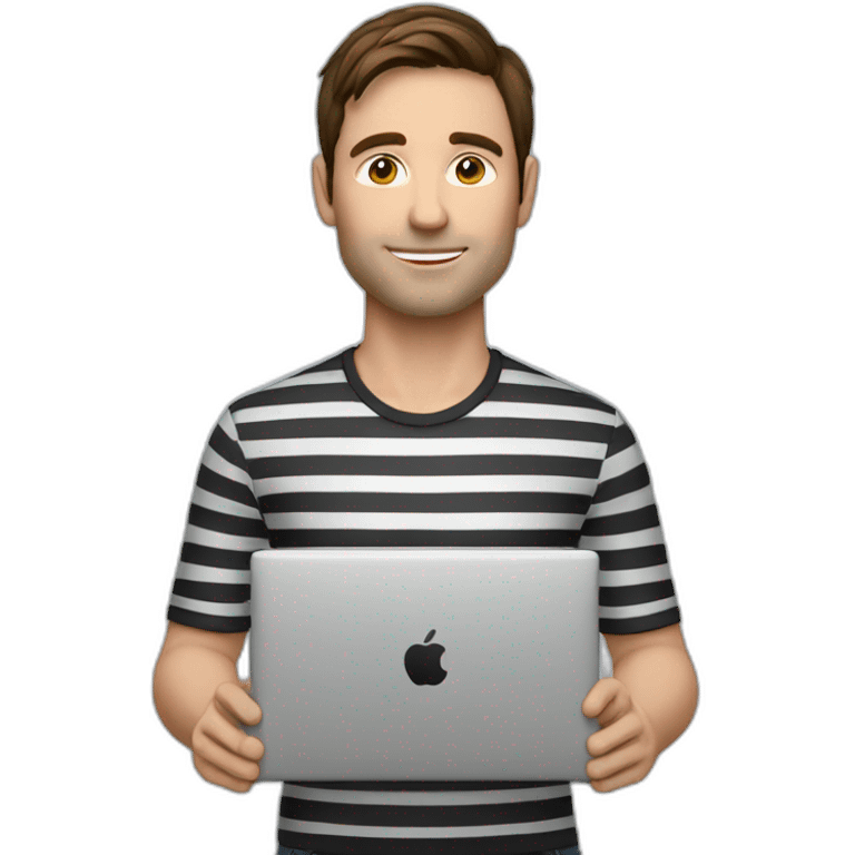 man with brown hair, striped shirt with black and white while holding laptop in front emoji