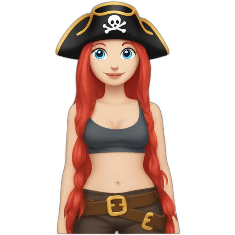 Woman long red platted hair hair only on one side of head, pirate hat. One side of head has no hair. Blue eyes. skull and crossbones t shirt emoji