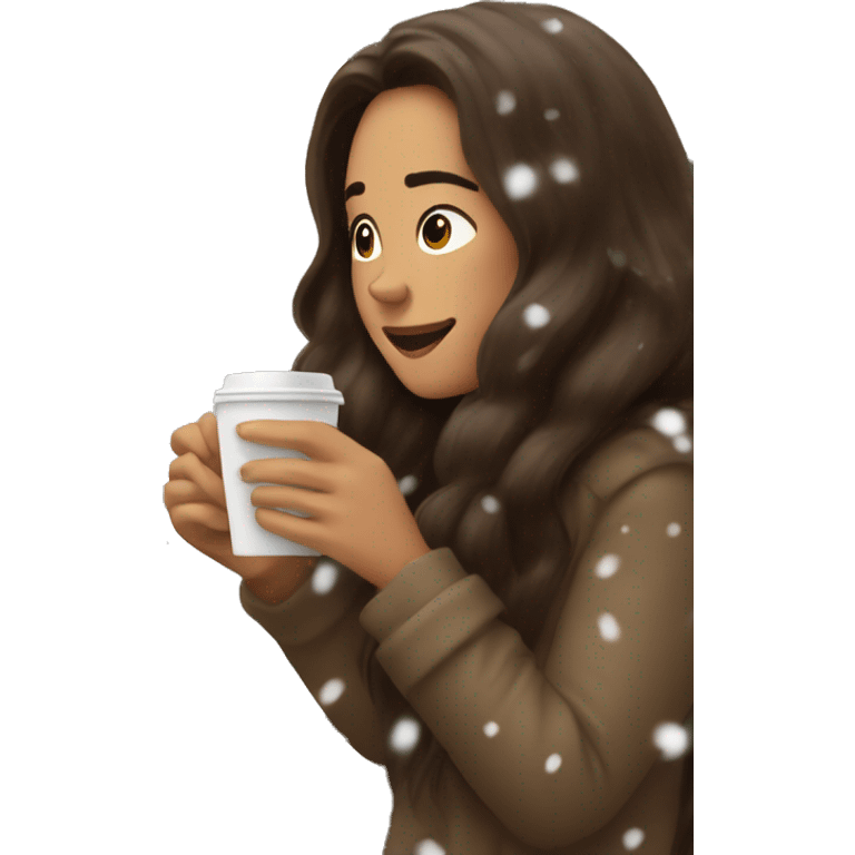 Woman with long brown hair is eating croissant and drinks coffee at home snowing outside the window emoji