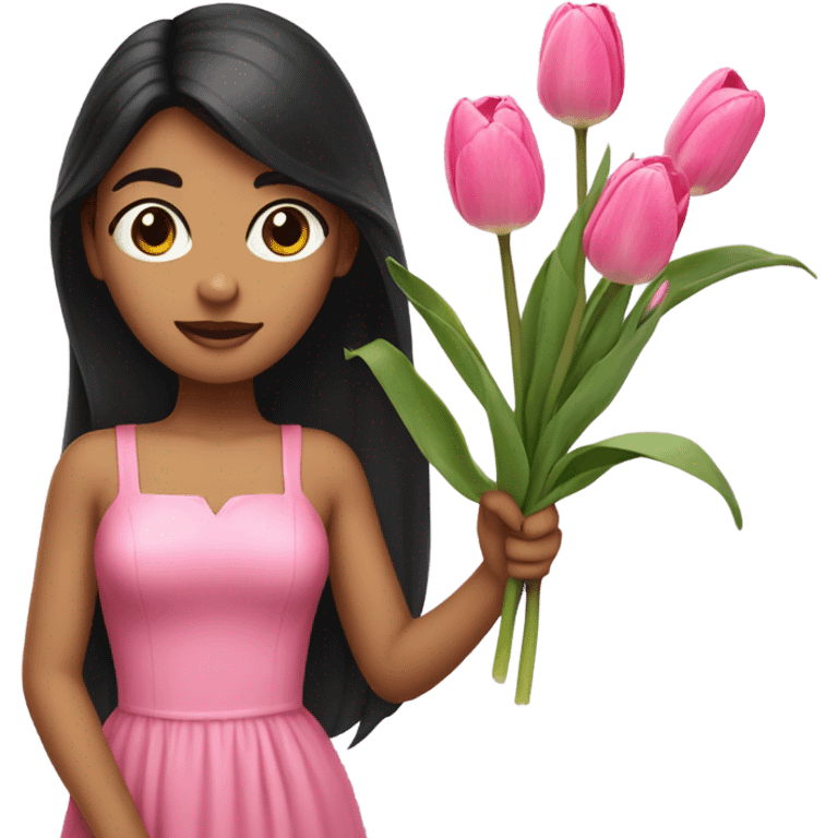 Long black hair Girl with bans holding a branch of tulip,wearing pink dress emoji