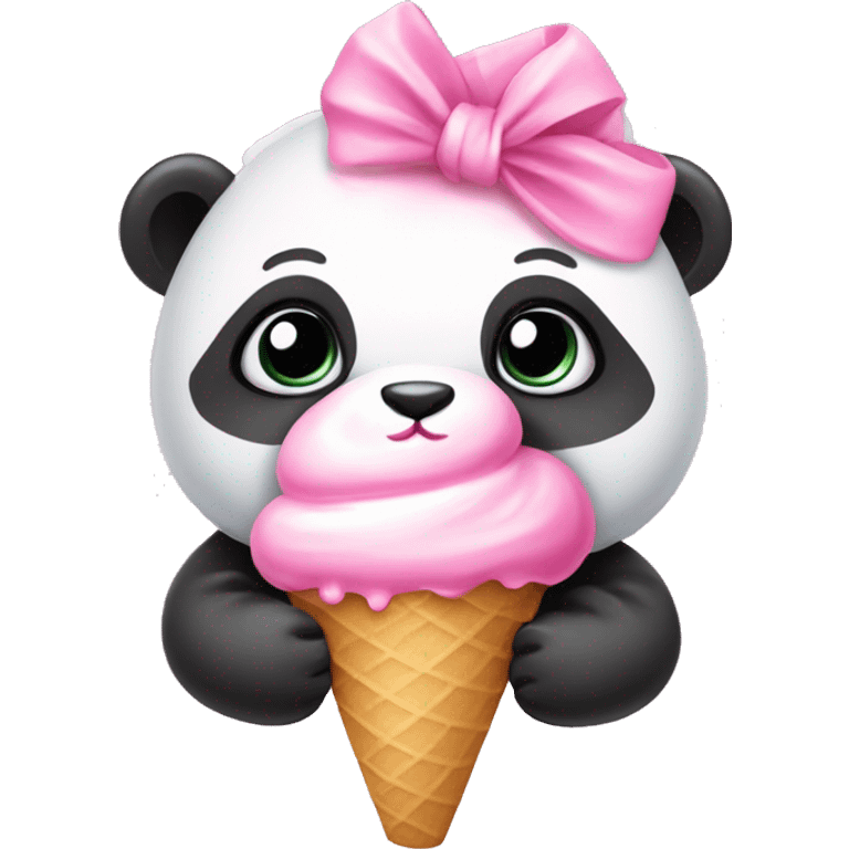 baby panda with a pink hair bow  eating pink ice cream cone  emoji