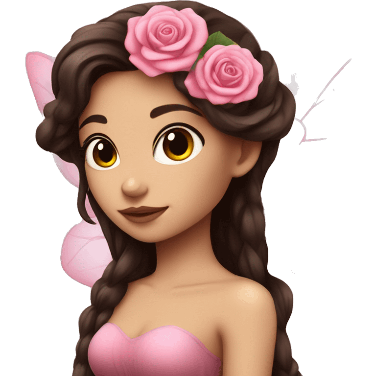 Beautiful, rose, fairy, pink, long dark brown hair, big wings, fair skin emoji