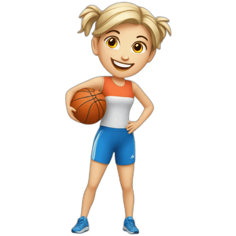 full-length cheerful European girl doing sports emoji