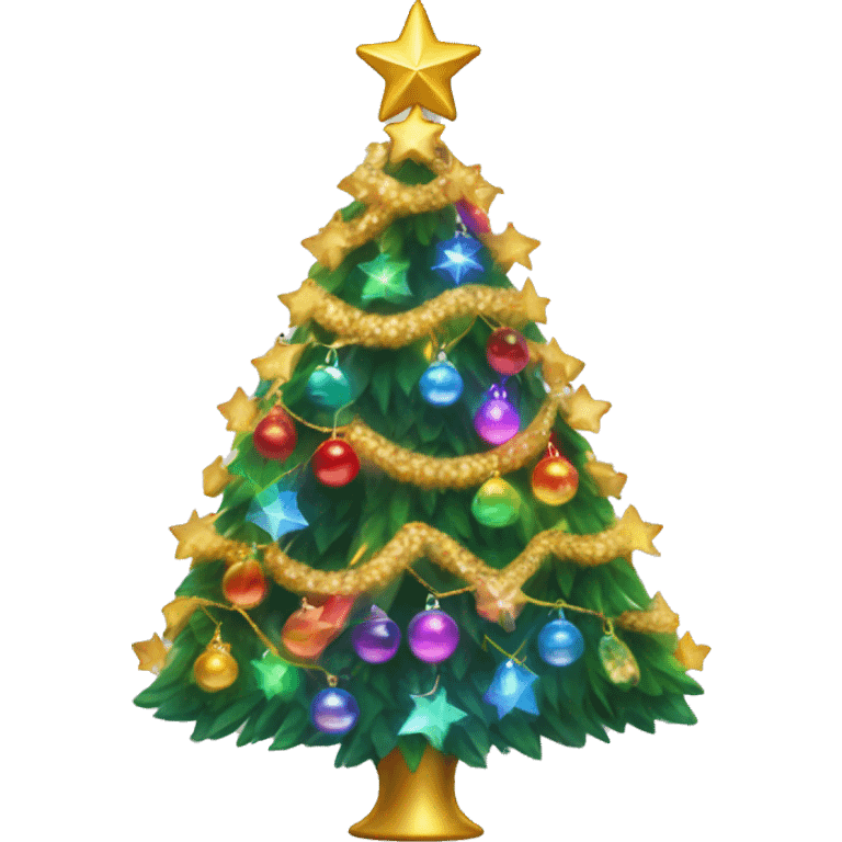 fancy christmas tree with rainbow lights, ornaments, and golden garland strans with a star on top emoji