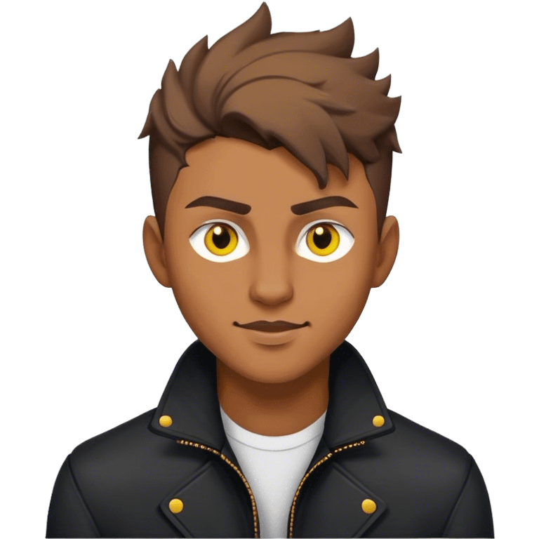 A male with yellow eyes and brown wolf cut hair, raised eyebrows, sly smile, black jacket  emoji