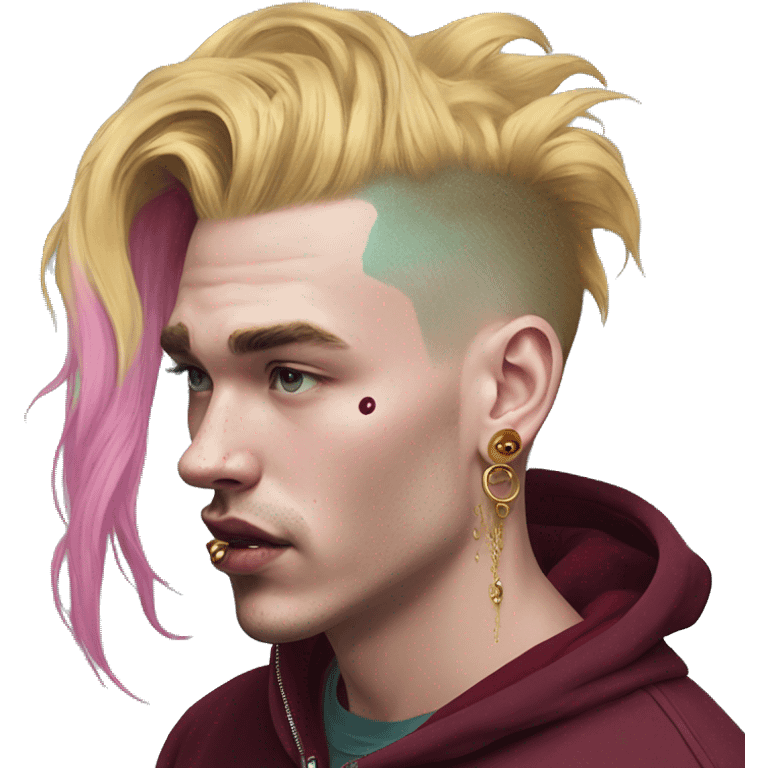 Vintage grunge patina intricate swirls golden sparkle Deep pink maroon burgundy cyan dark hoodie man dyed hair and gold piercings nose piercing ear piercings ice cream  emoji