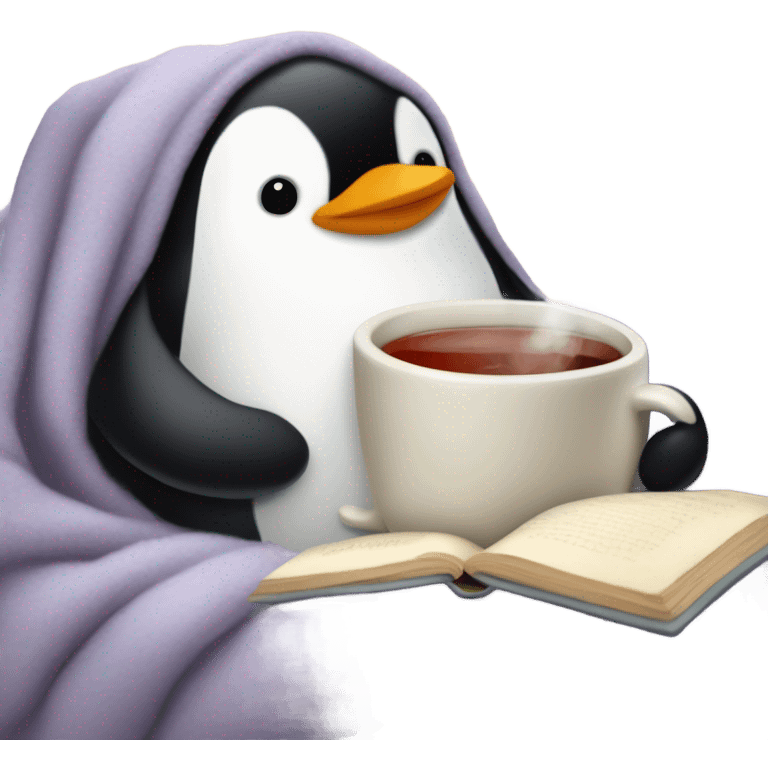 cozy penguin in bed with tea emoji