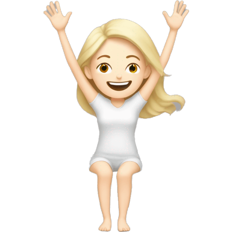 Happy pale girl wakes up in bed and stretches hands up in the air  emoji