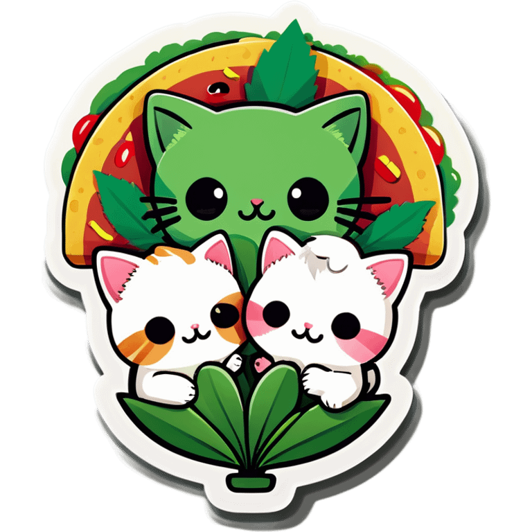 Kawaii Cannabis leaf and kittens eating tacos kawaii style  emoji