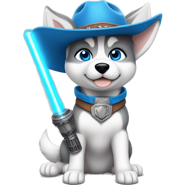 Gray Siberian Husky with blue eyes puppy wearing a cowboy hat dressed in Jedi clothing Holding a Lightsaber with the Paw emoji