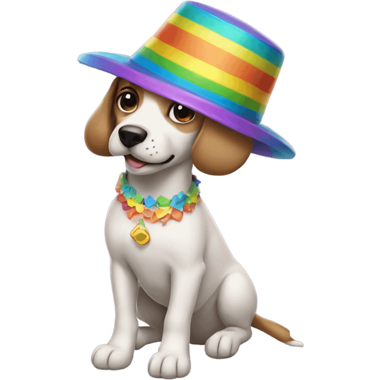 Dog swimming wearing a rainbow hat and dress emoji