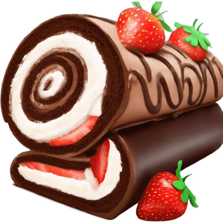 Chocolate Swiss roll birthday cake, with sliced strawberries and pipped cream swirls on top  emoji