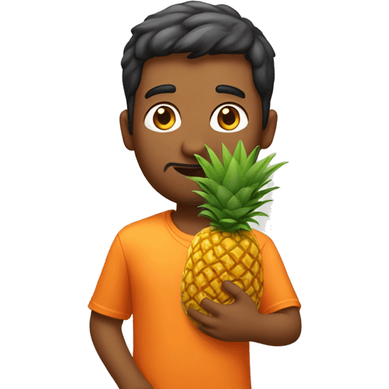 Indian guy in orange shirt holding a pineapple emoji