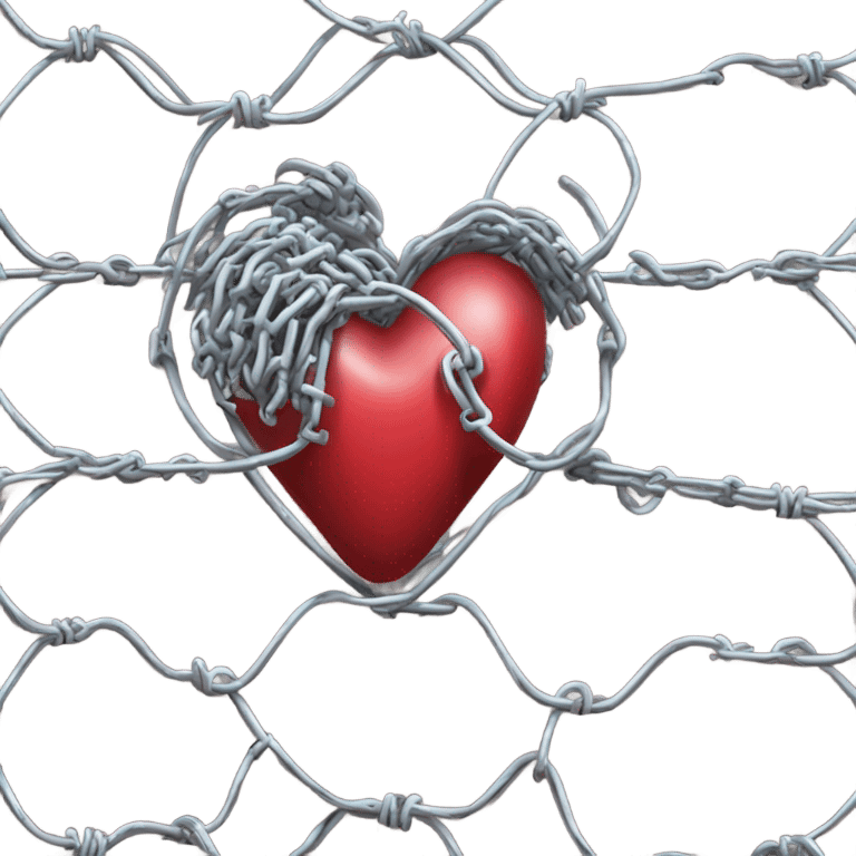 A wall of chain link fencing topped with razor wire forms a circle with a human heart in the middle  of it  emoji