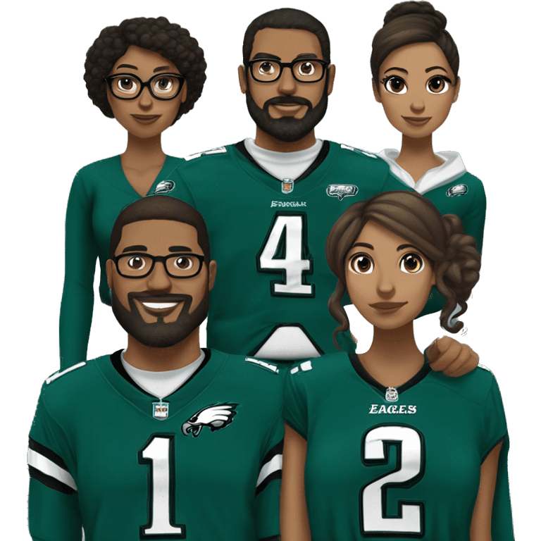 Brown guy with beard mustache and brown girl with glasses and her hair in a bun in Philadelphia eagles clothes holding hands emoji