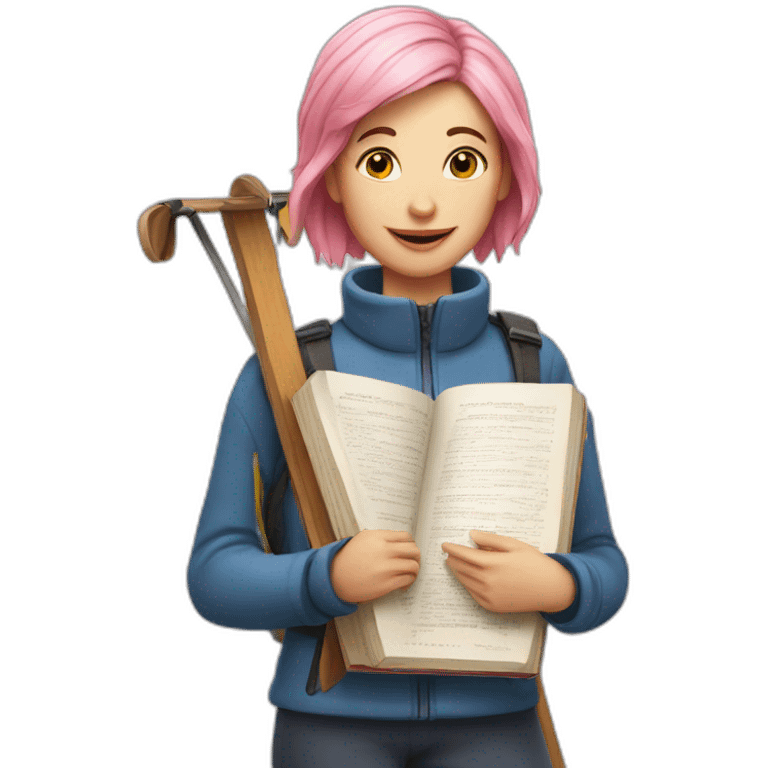 Swedish lady with pink hair Holding skis and dictionary emoji