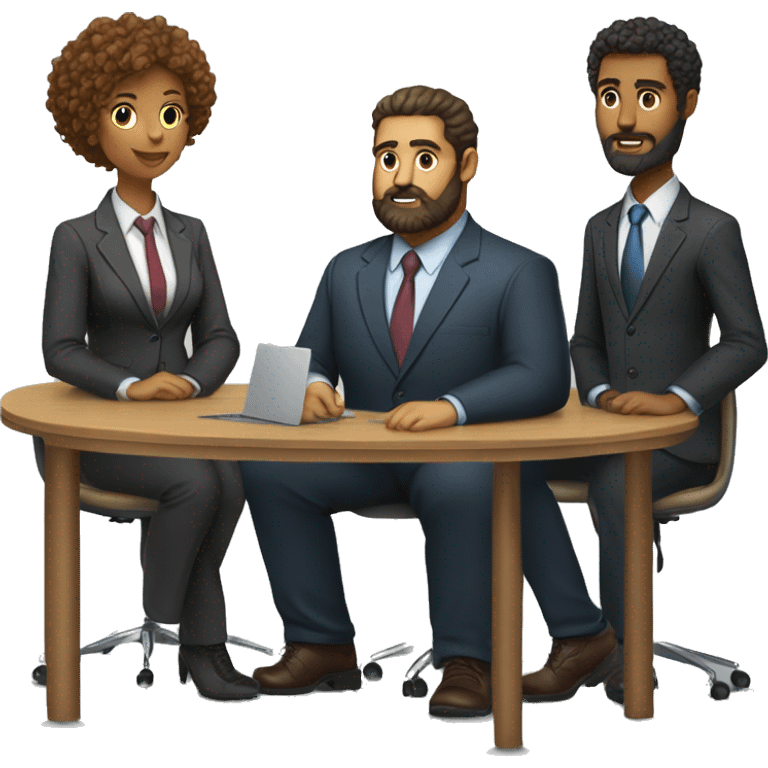 work meeting table 3 men and 4 women sitting on a table wearing suits the women have curly hair and one of the men is fat with a beard and of them is tanned with curly hair emoji