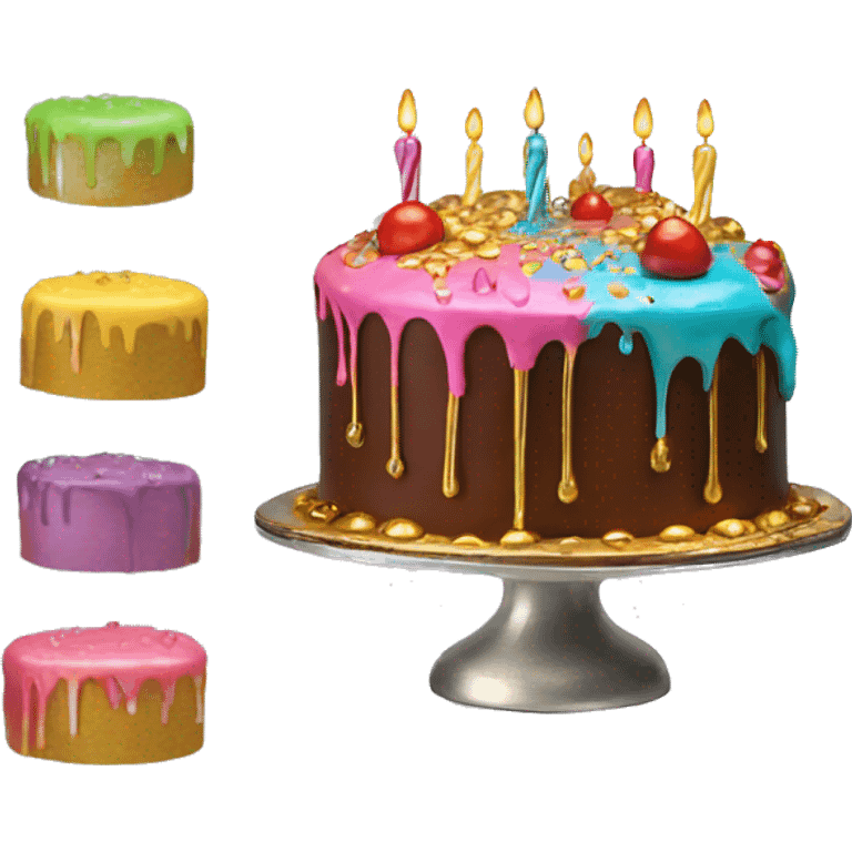 Realistic isolated colorful cake with metallic gold icing dripping from top and all down along the cake emoji