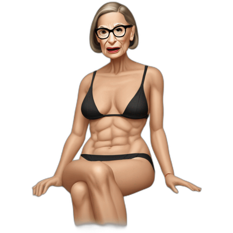 sexy ruth bader ginsburg wearing string bikini with crotchless bikini bottoms bare chest acting out that scene from basic instinct (full body, ios17, sitting legs apart) emoji