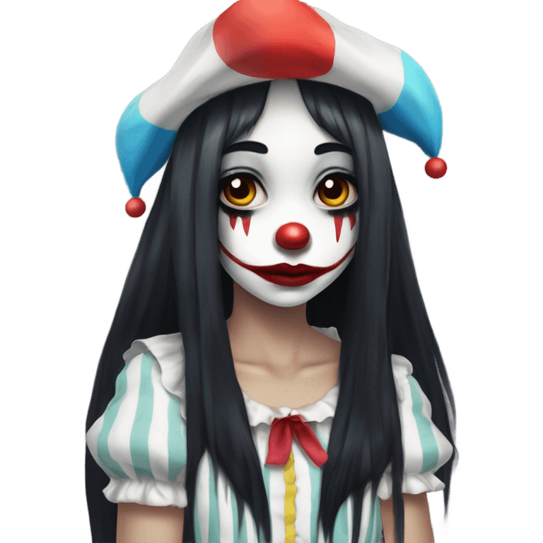 Anime style Sad clown girl with clown face paint wearing cap n bells cockcomb jester hat with long straight black hair exaggerated expression on her face  emoji