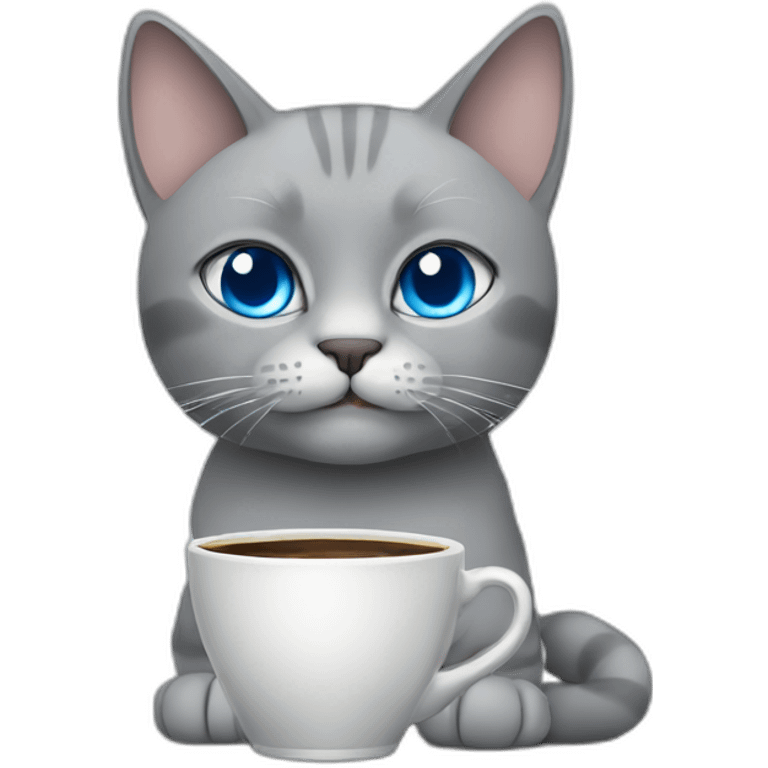 A blue-eyed gray cat with a cup of coffee emoji